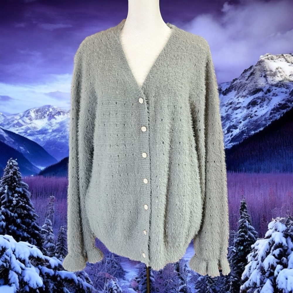 Fuzzy Openwork Flounce Sleeve Button-Up Fuzzy Car… - image 2